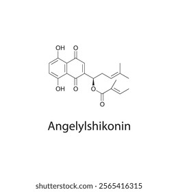 Angelylshikonin skeletal structure diagram.Naphthoquinone compound molecule scientific illustration.