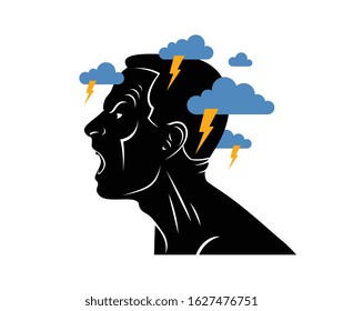 Anger, aggression and psychosis mental health and high anxiety vector conceptual illustration or logo visualized by man face profile and dark clouds over his head.