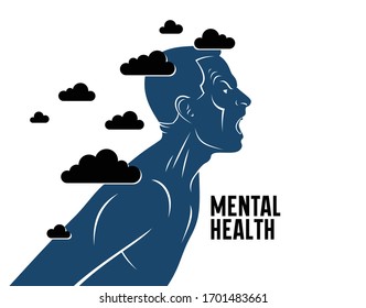 Anger, aggression and psychosis mental health and high anxiety vector conceptual illustration or logo visualized by man face profile shouting and screaming, dark clouds over his head.