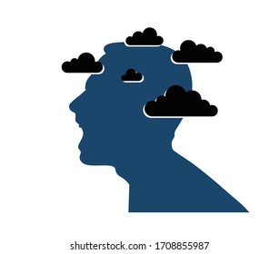 Anger, aggression and psychosis mental health and high anxiety vector conceptual illustration or logo visualized by man face profile shouting and screaming, dark clouds over his head.