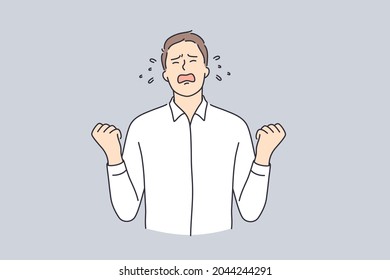 Anger, business crisis, emotions concept. Young angry furious businessman cartoon character standing pushing fists screaming feeling rage vector illustration 