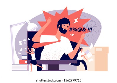 Anger concept. Tired, frustrated and scared employees run away from angry boss while online meeting. Office pressure vector image