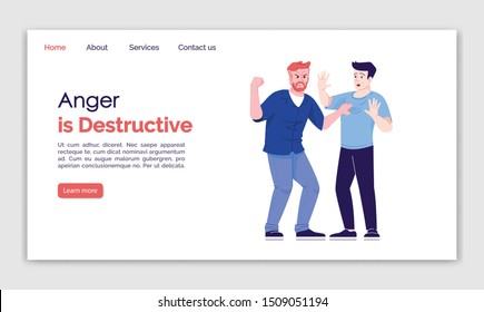 Anger is destructive landing page vector template. Aggressive behavior website interface idea with flat illustrations. Male conflict homepage layout. Men fight web banner, webpage cartoon concept