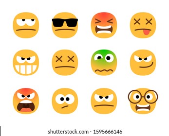 Emooticonos de rabia. Emoji enojado, impactado y resentido, sospechoso y malévolo, caricaturas furiosas y muertas diseñan signos emocionales en blanco