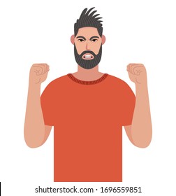 Anger. The evil bearded man expresses his negative emotions. Hipster eraised fist and shout or screaming expression. Vector illustration in cartoon style.