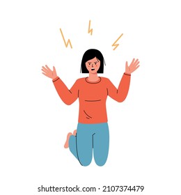 Anger, evil, furious woman concept. Young angry furious female cartoon character standing on knees with fingers out and expressing rage and anger. Mental disorder, illness. Vector illustration