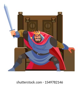 Anger. The evil king expresses his negative emotions. Emperor character with sword in hand, shouting is furious. Cartoon, flat vector illustration isolated in white background.