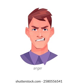 Anger facial expression of man personage frowning brows and showing teeth. Vector isolated flat cartoon character, emotion of annoyance, displeasure or hostility. Hostile attitude, face of guy