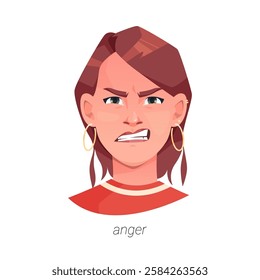 Anger facial expression of woman with frowning brows and open mouth showing teeth. Vector isolated flat cartoon character with mimics and emotion of rage or fury, annoyance or irritation