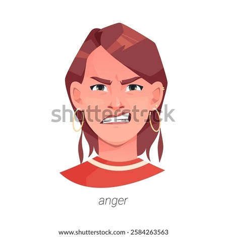 Anger facial expression of woman with frowning brows and open mouth showing teeth. Vector isolated flat cartoon character with mimics and emotion of rage or fury, annoyance or irritation