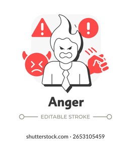 Anger flat outline concept icon. Frustration and resentment. Five stages of grief. Organizational change management. Modern line illustration with red glyphs. Conceptual visual. Easy to edit