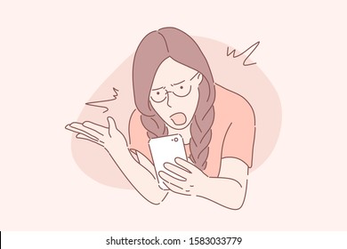 Anger, frustration, confusion concept. Nervous girl looking at smartphone screen. Furious teenager irritated with phone malfunction. Mad woman angry with bad message. Simple flat vector