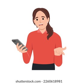 Anger frustration confusion concept. Nervous girl looking at smartphone screen. Furious teenager irritated with phone malfunction. Mad woman angry with bad message. Flat vector illustration isolated