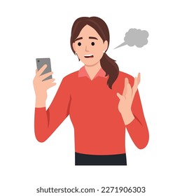 Anger frustration confusion concept. Nervous girl looking at smartphone screen. Furious teenager irritated with phone malfunction. Mad woman angry with bad message