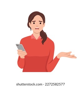 Anger frustration confusion concept. Nervous girl looking at smartphone screen. Furious teenager irritated with phone malfunction. Mad woman angry with bad message