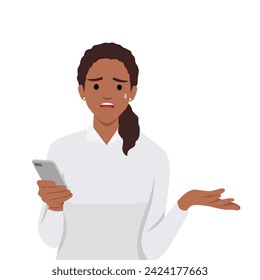 Anger frustration confusion concept. Nervous girl looking at smartphone screen. Furious teenager irritated with phone malfunction.
