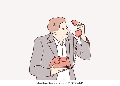 Anger, fury, business negotiation, call, yelling concept. Furious businessman clerk manager leader boss at phone handset in office. Agressive work, shouting at employees