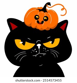 Anger Halloween black cat with smiling kawaii pumpkin on the head. Sad face head. Black silhouette icon. Kawaii pet animal. Cartoon funny baby character. Childish style. Happy Halloween