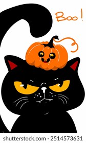 Anger Halloween black cat with smiling kawaii pumpkin on the head. Sad face head. Black silhouette icon. Kawaii pet animal. Cartoon funny baby character. Childish style. Happy Halloween