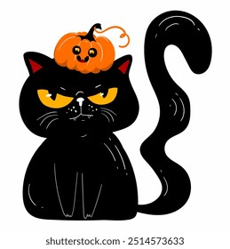 Gato negro de Halloween con la calabaza kawaii sonriente en la cabeza. Cabeza de cara triste. Icono de silueta negro. Animal de compañía kawaii. Dibujos animados divertido personaje de bebé. Estilo infantil. Feliz Halloween