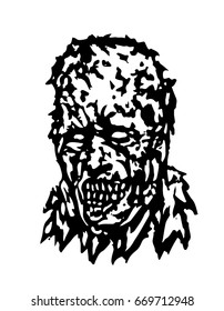 Anger head of zombie. Vector illustration. Black and white colors.
