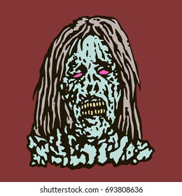 Anger head of zombie woman. Vector illustration. The horror genre. Scary female character face.