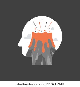 Anger and irritation, outrage concept, mental tension, destructive thoughts, experiencing stress, panic attack, hysteric behavior, volcano eruption in head, vector flat illustration