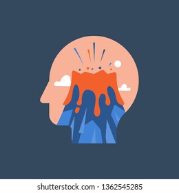 Anger and irritation, outrage concept, mental tension, destructive thoughts, experiencing stress, panic attack, hysteric behavior, volcano eruption in head, vector flat illustration