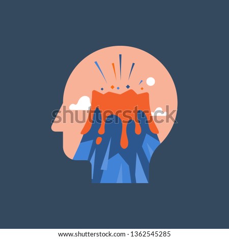 Anger and irritation, outrage concept, mental tension, destructive thoughts, experiencing stress, panic attack, hysteric behavior, volcano eruption in head, vector flat illustration