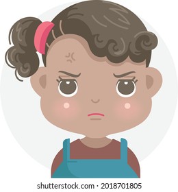 anger kid negative emotions set of african little girl face. child expressing angered upset and irritable.