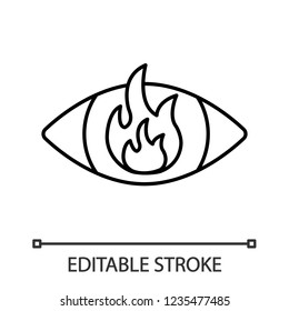 Anger linear icon. Fire in eye. Angry person. Thin line illustration. Agression. Burning iris. Contour symbol. Vector isolated outline drawing. Editable stroke