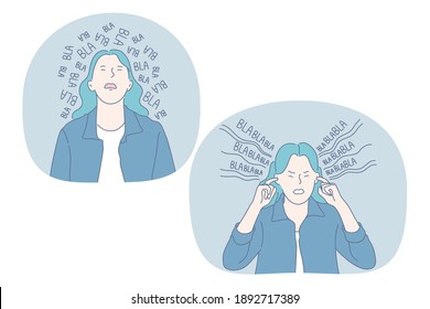 Anger, loud sounds, noise concept. Angry irritated stressed girl with blue hair cartoon character listening to loud speech and covering ears with hands to ignore outer sounds vector illustration 