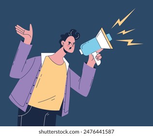 Anger man scream megaphone banner concept. Vector flat graphic design illustration