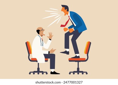 anger management, bad angry concept. furious business man shouting at doctor. medicine, drug. mental illness therapy. hospital clinic. minimal cartoon vector illustration