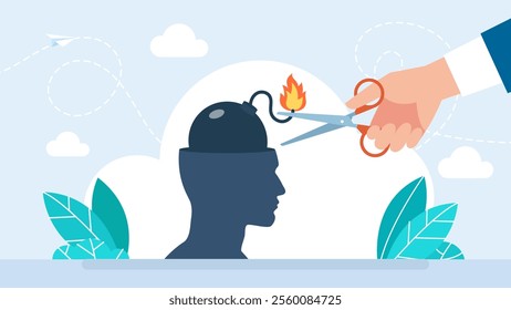 Anger management concept.
Head with bomb. Frustrated nervous head about to explode, anxiety, stressed. Mental problem, depression. Psychologist hand uses scissors, cut bomb fuse. Vector illustration