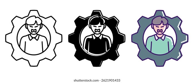 Ícone de Gerenciamento da raiva representado por expressão angy, Gear Line, Filled, Color style.
