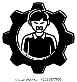 Anger Management icon represented by angy expression, gear Black Filled style.