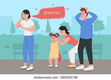 Anger management issues flat color vector illustration. Woman swearing on phone call. Shocked man in public space. Upset and arguing 2D cartoon characters with cityscape on background