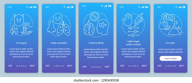 Anger management onboarding mobile app page screen vector template. Take a breath, stop to think, calm. Walkthrough website steps with linear illustrations. UX, UI, GUI smartphone interface concept