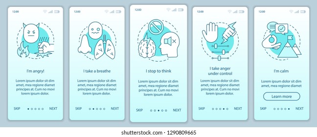 Anger management onboarding mobile app page screen vector template. Take a breath, stop to think, calm. Walkthrough website steps with linear illustrations. UX, UI, GUI smartphone interface concept