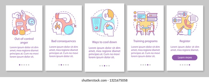 Anger management onboarding mobile app page screen vector template. Stress relief. Emotion control. Consultation with psychologist. Walkthrough website steps. UX, UI, GUI smartphone interface 