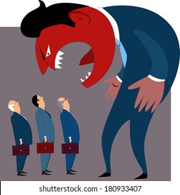 Anger management problems. Crazy mad boss yells at employees, conceptual vector illustration