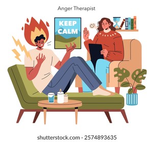 Anger management therapy session with a calm professional and a distressed client. Overcoming emotions through guidance. Vector illustration.