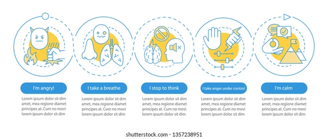 Anger management vector infographic template. Ways to control negative emotion. Business presentation design. Data visualization with five steps and options. Process timeline chart. Workflow layout