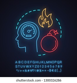 Anger neon light concept icon. Frustration idea. Stress. Head with speedometer inside, bomb and fire. Glowing sign with alphabet, numbers and symbols. Vector isolated illustration
