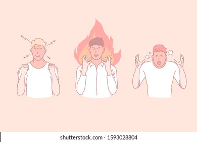 Anger, outburst, wrath, negative emotions concept. Irritation, fury and chilling out, rage stages, irate young men, boys gesticulating with hands, emotional explosion. Simple flat vector