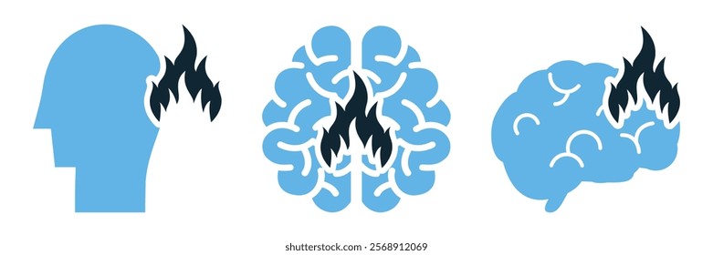 Anger Psychology Icon Vector Set: Illustrations of Emotional Brain Activity, Stress, and Mental Health Concepts