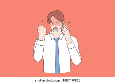 Anger, rage, aggression concept. Young furious businessman talking on smartphone in at office feeling annoyed and frustrated, shouting with anger and showing fist vector illustration 