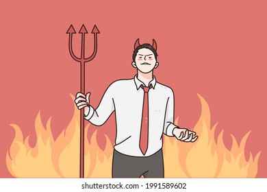 Anger and rage in business concept. Young angry furious businessman cartoon character standing and holding devil horns and trident in hands over burning fire background vector illustration 