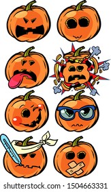 anger rage disease explosion madness Emoji Halloween pumpkin set collection. comic cartoon pop art retro vector illustration drawing